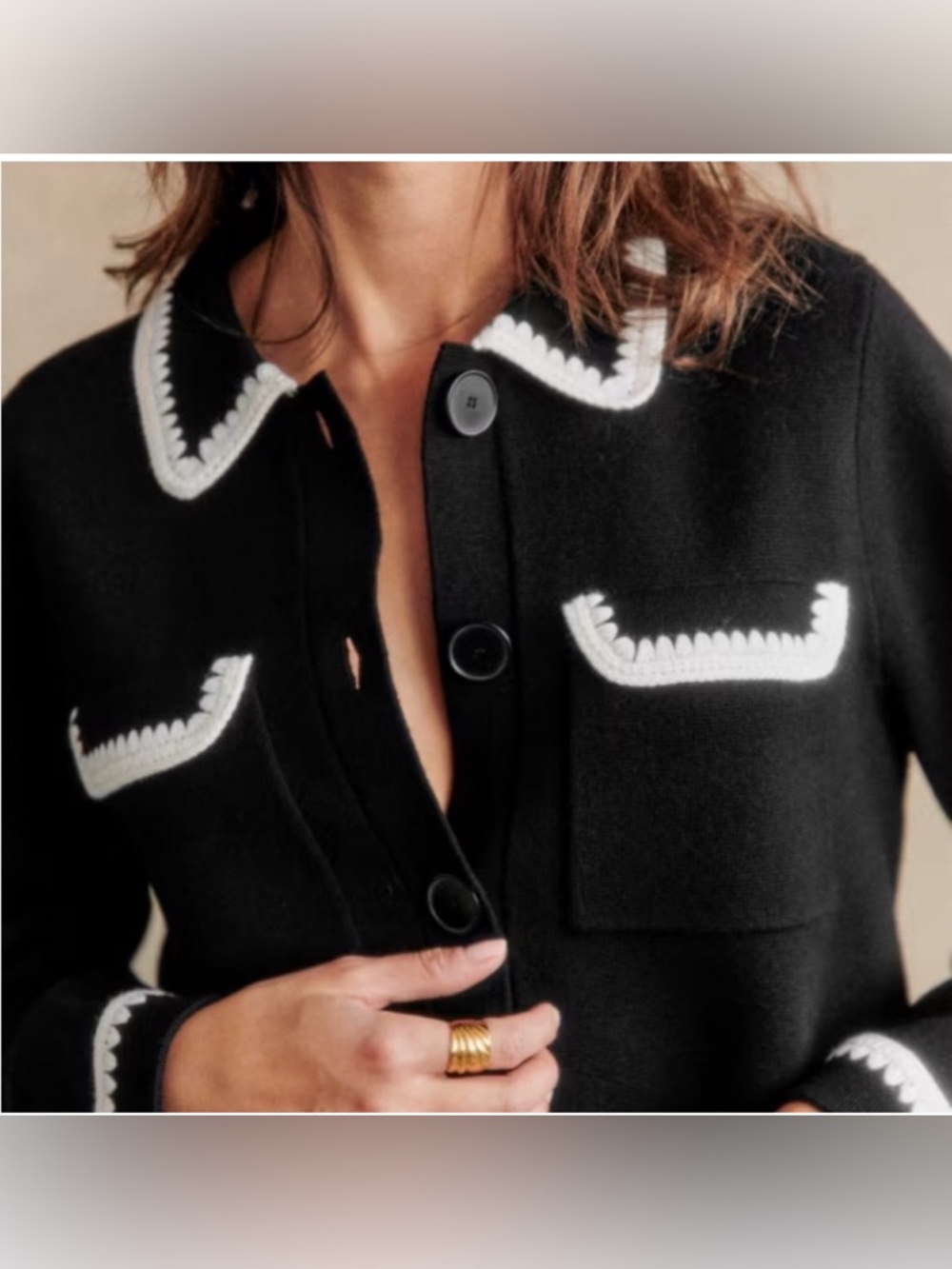 Women's Sezane Betty Cardigan in Black and Ecru Crochet size Medium 100% Merino - Picture 4 of 11